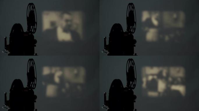 8毫米电影放映机老复古老电影院在黑暗的房间，4K DCI