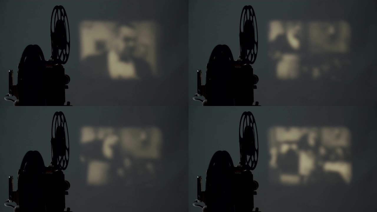 8毫米电影放映机老复古老电影院在黑暗的房间，4K DCI