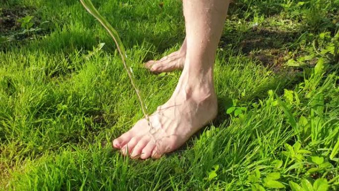 在草地上用水洗脚慢动作。