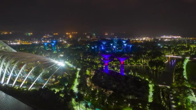夜间照明新加坡著名花园湾空中全景4k延时