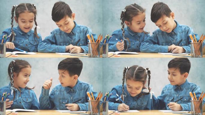 小学生写作，可爱的小西西特正在向她的兄弟展示她写的东西，兄弟正在竖起大拇指，抚摸他的妹妹。