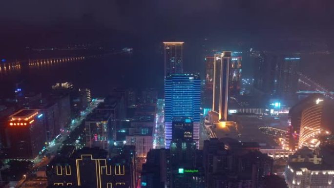 夜间照明澳门城市湾著名的半岛湾空中全景4k中国