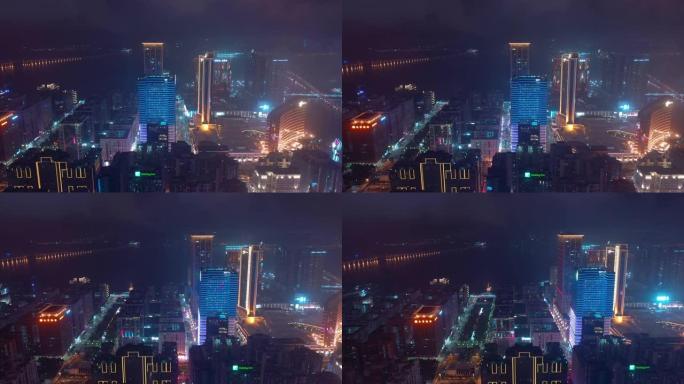 夜间照明澳门城市湾著名的半岛湾空中全景4k中国