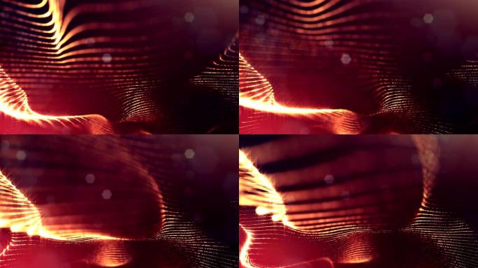 复杂的金色成分，带有发光颗粒，在空气中形成波浪状结构。4k 3d循环平滑动画与辉光paricles。