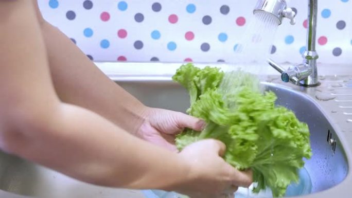女士在家庭厨房用喷水清洗新鲜蔬菜
