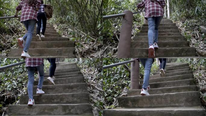 一群年轻的亚洲妇女在热带森林中徒步旅行，冒险在周末放松。在混凝土楼梯上行走。