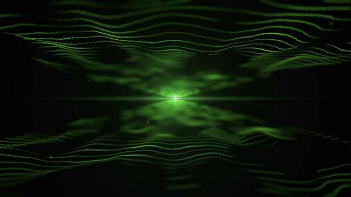 摘要背景。黑色背景上的声波的绿色模仿。光线模糊的blick在中心，在波浪之间。4K。
