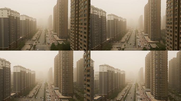 城市建筑住宅沙尘暴中的街道