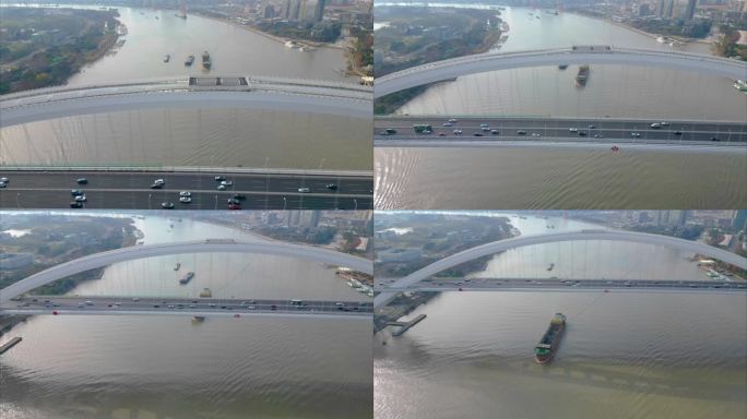 上海市黄浦区卢浦大桥车流船只延时风景视频