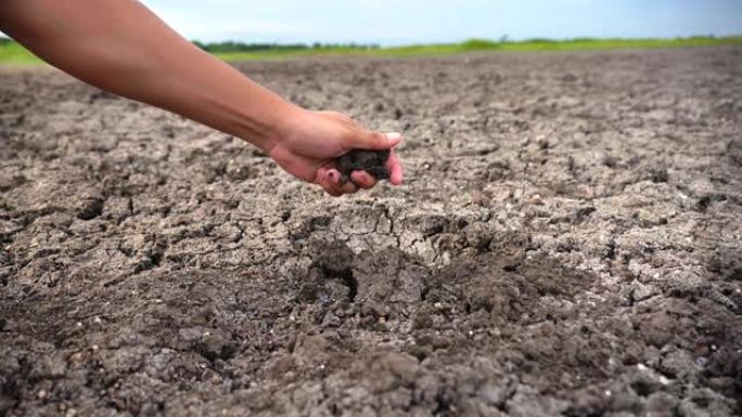 气候变化干旱灾害期间，全球气候变暖拯救世界，现场多利慢动作手浇土干裂土