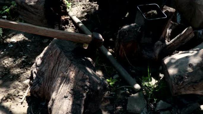一把斧头装在一个旧的木制树桩上，在路边