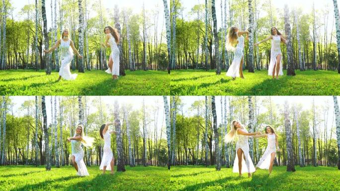 穿着性感服装的女人在桦木树林跳舞，镜头闪光效果