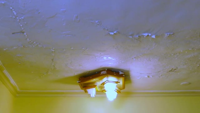 由于水损坏导致内部天花板上的泄漏而导致油漆剥落。普通房屋保险索赔。