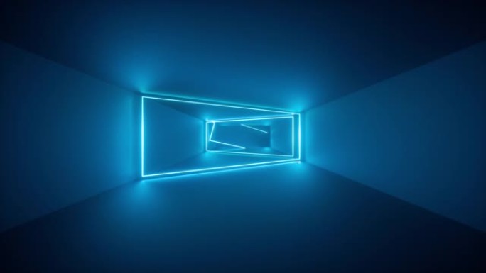 飞行通过无尽的走廊，蓝色霓虹灯，发光线，框架，抽象霓虹灯背景，虚拟现实界面，在隧道内移动