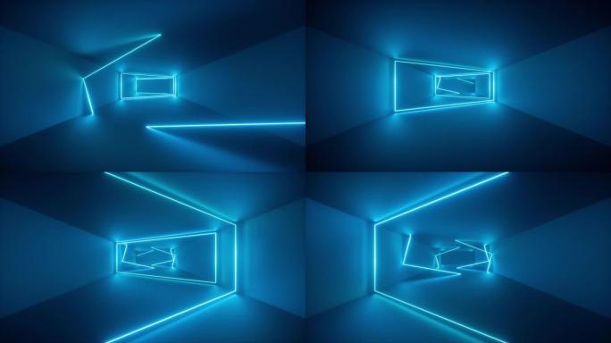 飞行通过无尽的走廊，蓝色霓虹灯，发光线，框架，抽象霓虹灯背景，虚拟现实界面，在隧道内移动