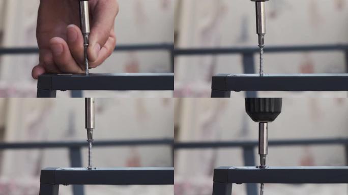 用螺钉钻金属的人。