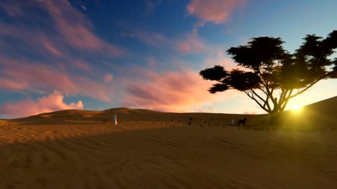 阿拉伯人在日落时穿过沙漠走向绿洲
