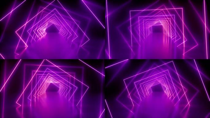 围绕霓虹灯隧道旋转，紫罗兰色粉红光，移动时尚讲台，抽象背景，旋转框架，虚拟现实，发光线条，无缝动画