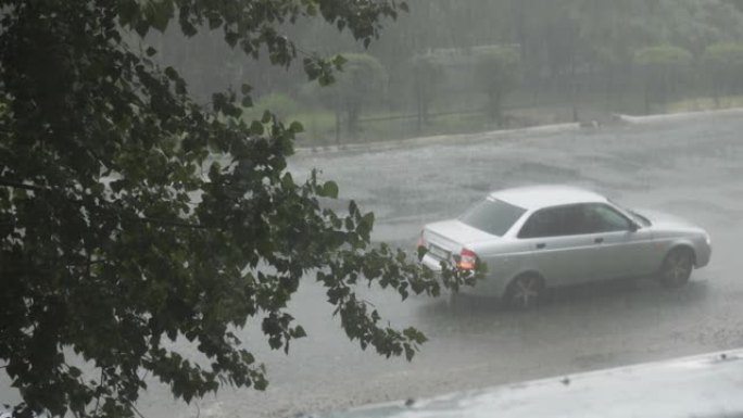 夏季大雨倾盆于城市。在一棵绿色的大树和汽车的框架里。汽车高速喷水穿过水坑。沥青上湖泊形式的巨大水坑