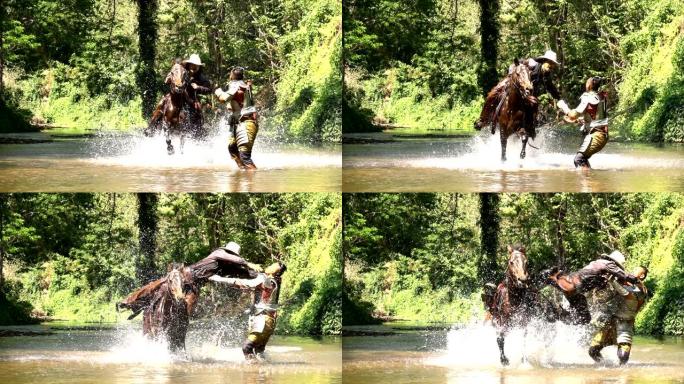 牛仔骑马跳跃与远古武士打斗的慢动作镜头