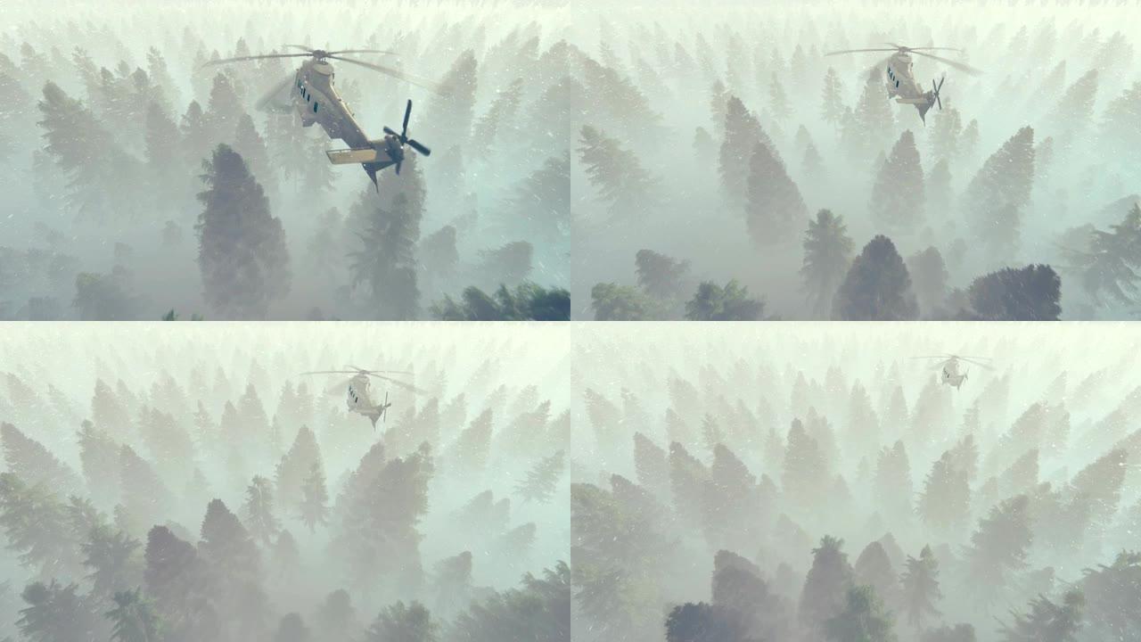 黑鹰直升机在暴风雨天气中飞越松树林