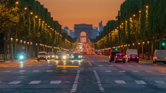 凯旋门纪念碑和巴黎香榭丽舍大道-4k时间流逝