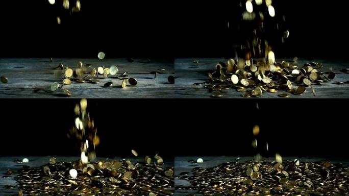 慢动作，一堆乌克兰硬币落在木头上