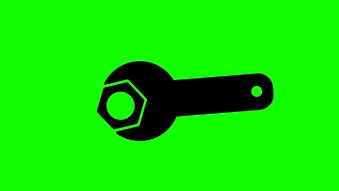 超高清分辨率平面动画镜头扳手拧紧螺母，简单的黑色设计，每秒三十帧，绿色屏幕