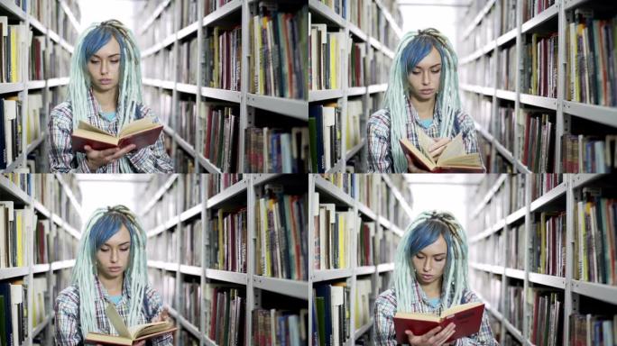 有吸引力的时髦女学生在书架背景的图书馆学习时翻阅这本书