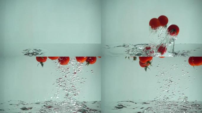 水中落下的西红柿。慢动作。