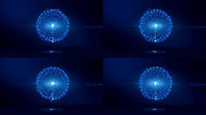 sphere抽象蓝色数字数据系统节点和连接路径的动画。3D插图渲染。