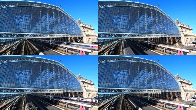 波尔多，法国，2019年7月，波尔多，圣让火车站的主玻璃大厅外观，列车上有TGV列车