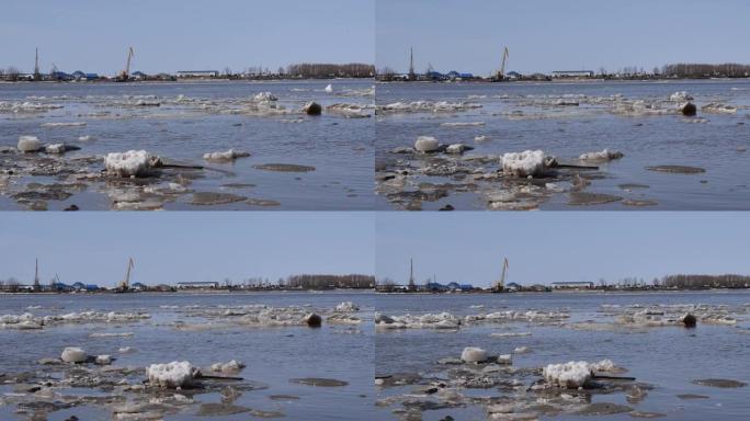冰漂，清晴天早春河上的冰运动，风景