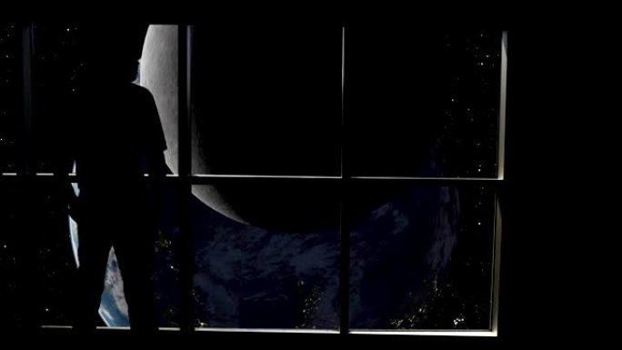 在这个抽象的概念中，一个剪影的人站在窗户前，俯瞰着月球和地球的阴暗面。