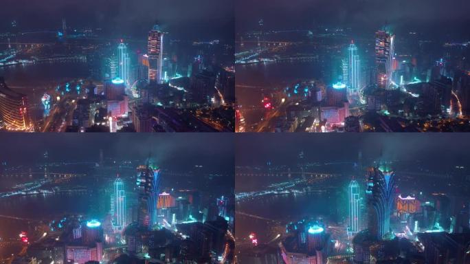 夜间照明澳门城市湾著名酒店屋顶空中全景4k中国