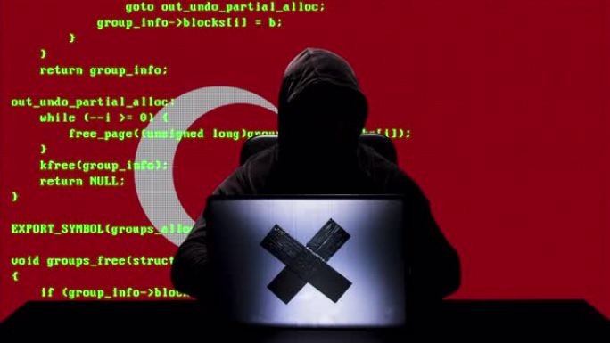 匿名的土耳其黑客在他的笔记本电脑上键入代码黑客，背景是土耳其国旗