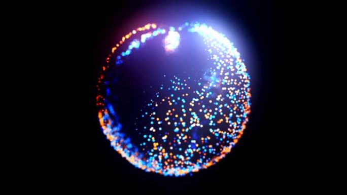 发光蓝色和橙色粒子的抽象3D球体可循环背景