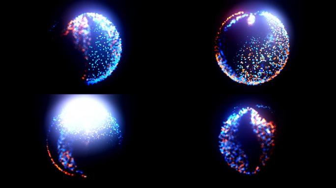 发光蓝色和橙色粒子的抽象3D球体可循环背景