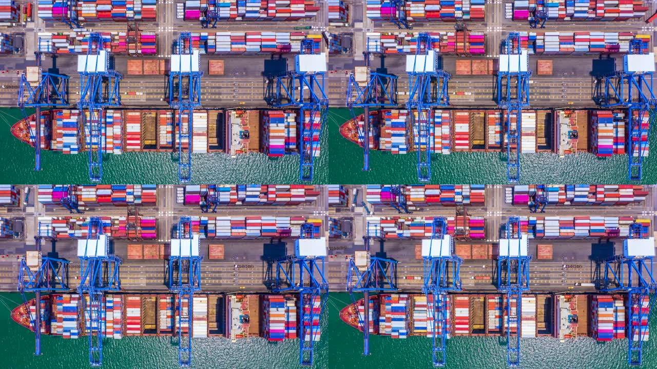 深海港集装箱船装卸，远海集装箱船物流进出口运输业务的空中俯视图。