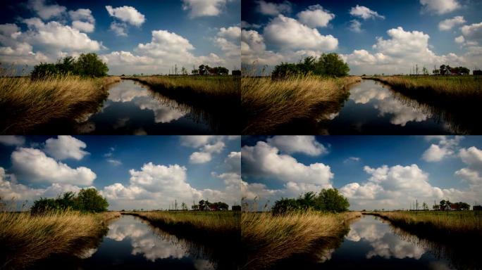 比利时法兰德斯，乡村春季风景: polder典型的水渠时间流逝