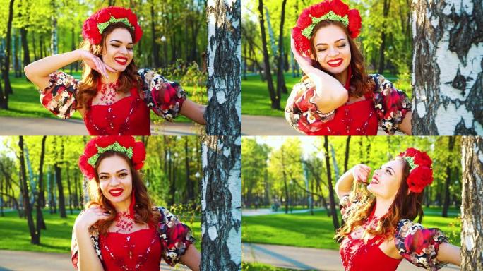 穿着花圈和民间风格服装的乌克兰妇女在镜头前微笑