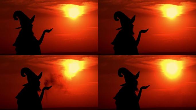 女巫吹着魔药在背景上向上的太阳