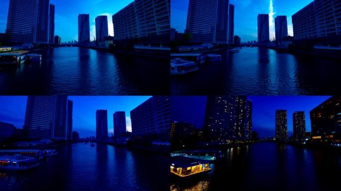 东京有明湾区港口的延时日落