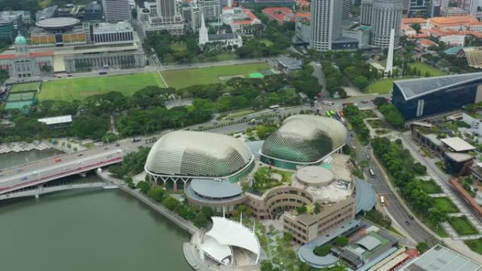 日间新加坡城市著名滨海湾剧院空中全景4k
