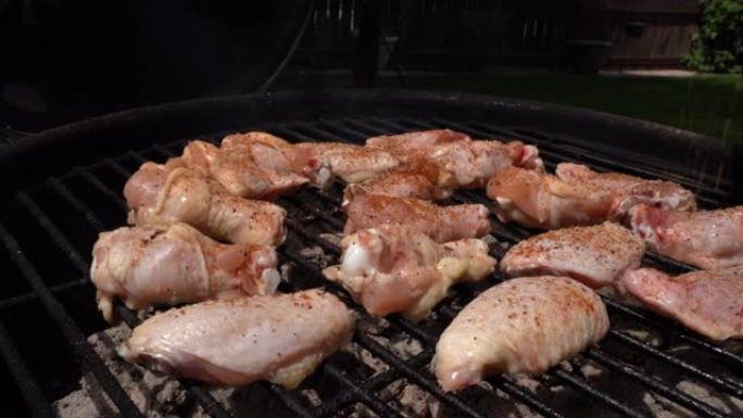 火热的烧烤炉里装满了辛辣的水牛鸡翅，为派对烧烤