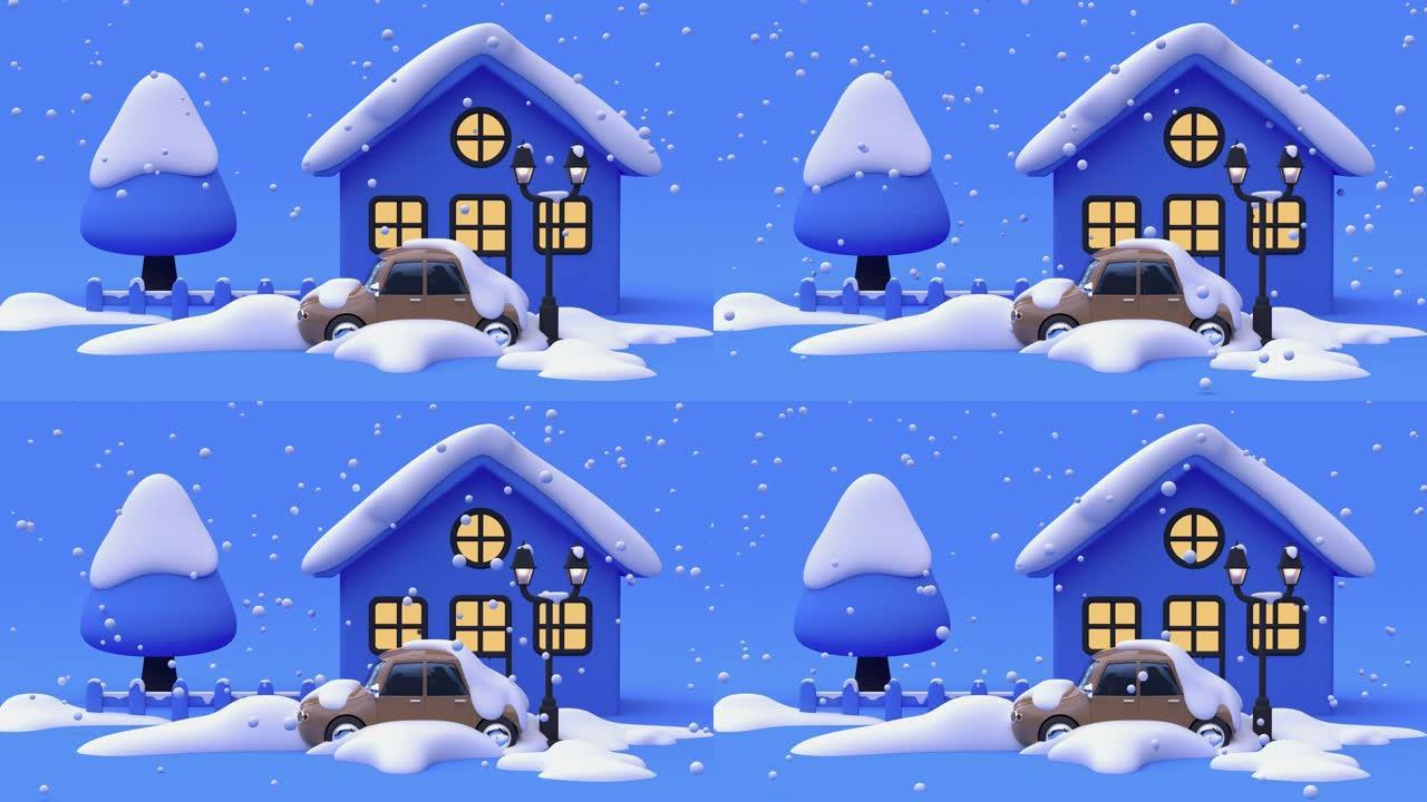 蓝色场景冬季下雪自然卡通风格3d渲染