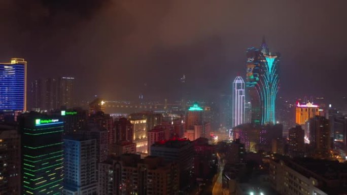 澳门著名酒店区空中全景4k中国夜间照明飞行
