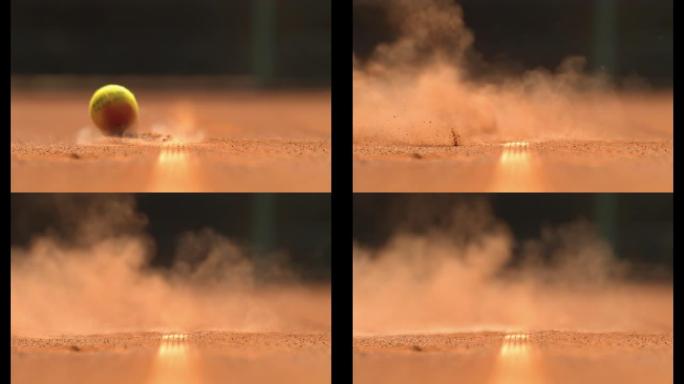 网球在地面上撞线，超慢动作