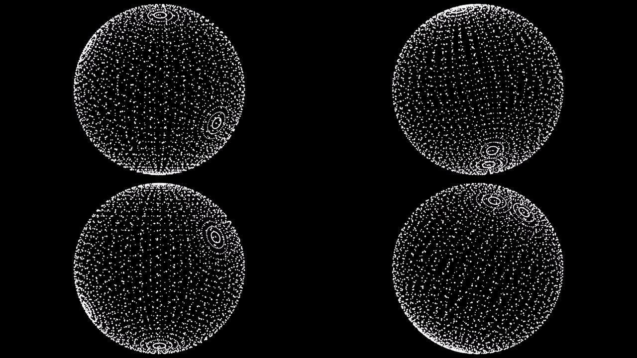 Plexus风格的循环旋转球体动画循环。黑色背景上的白点
