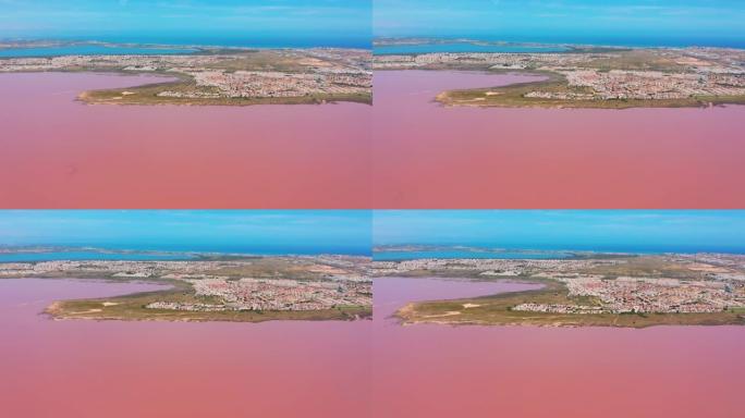 鸟瞰图。粉红色盐海水蒸发池